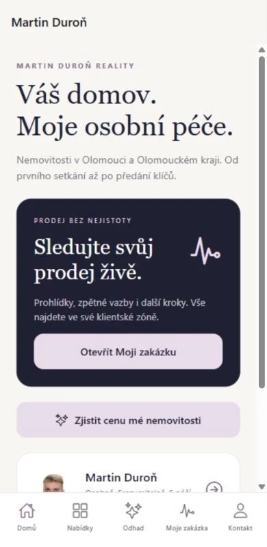 Skutečná úvodní obrazovka aplikace Martin Duroň Reality s přístupem do Moje zakázka a odhadem ceny